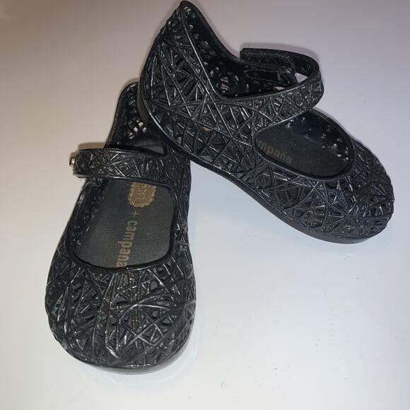 Mini Melissa Campana Zig Zag Size 5 C Black Gold Glitter Mary Jane Shoes - Picture 4 of 5